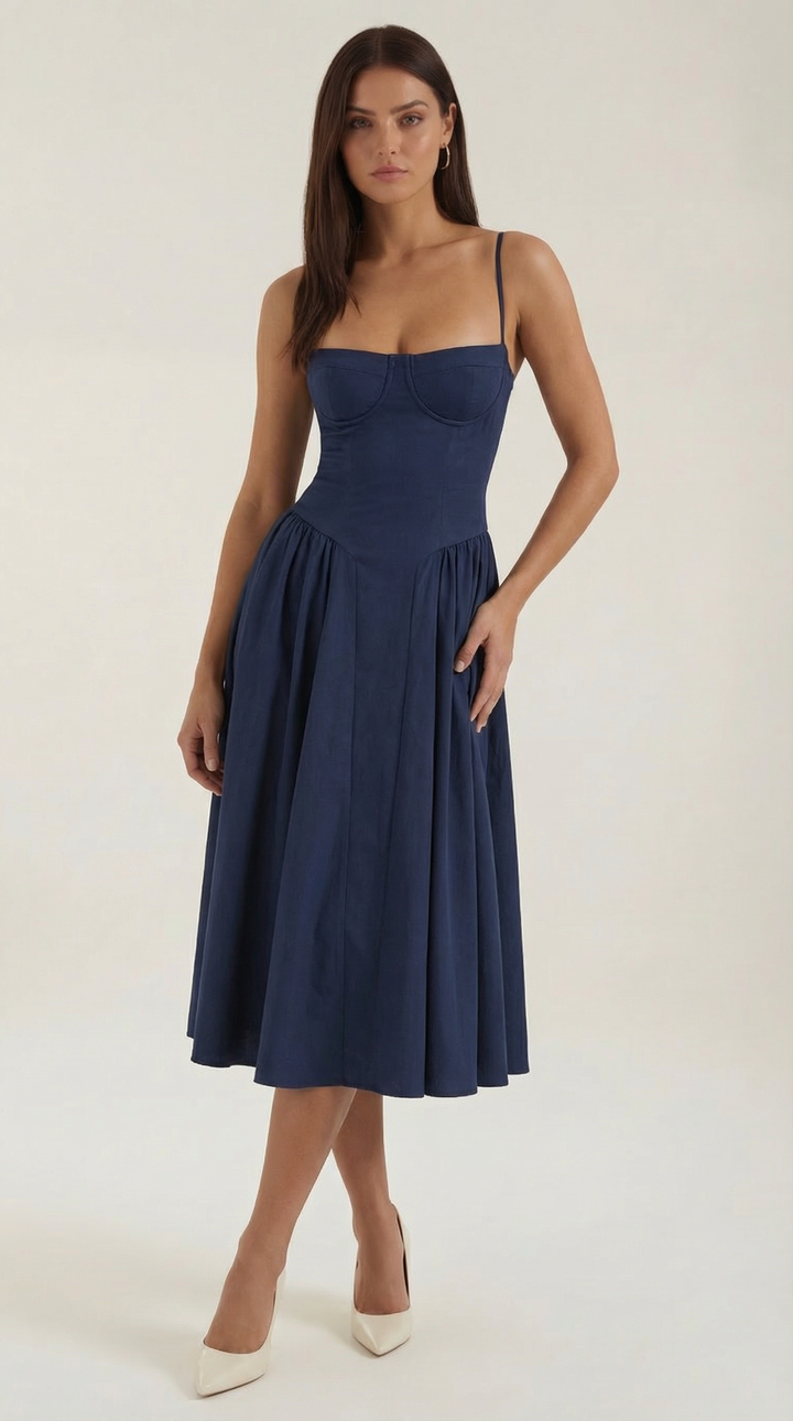 Chic women's floral midi dress, corset bodice, sweetheart neckline, perfect for spring gatherings.