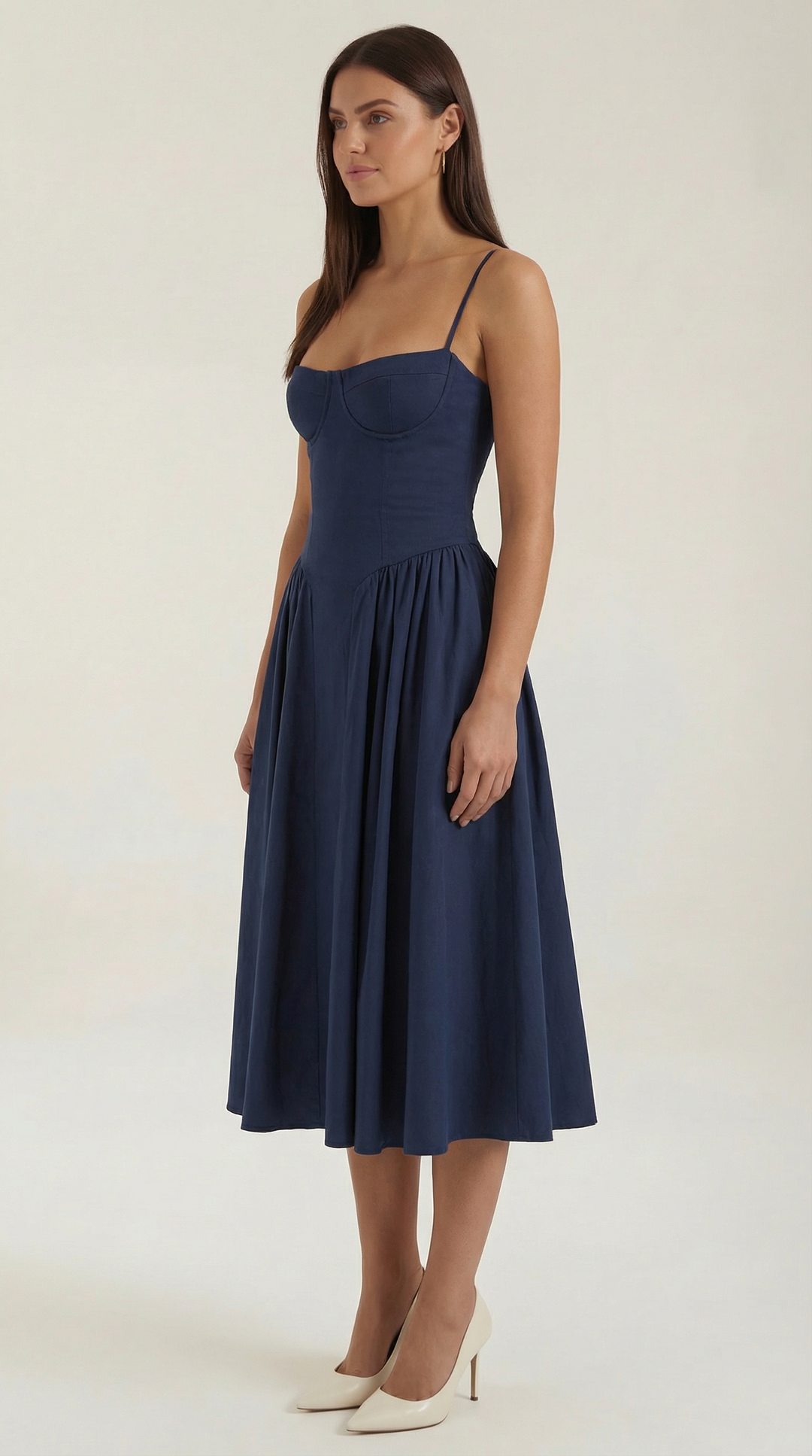 Elegant women's summer floral midi dress with a corset waist and charming sweetheart neckline.