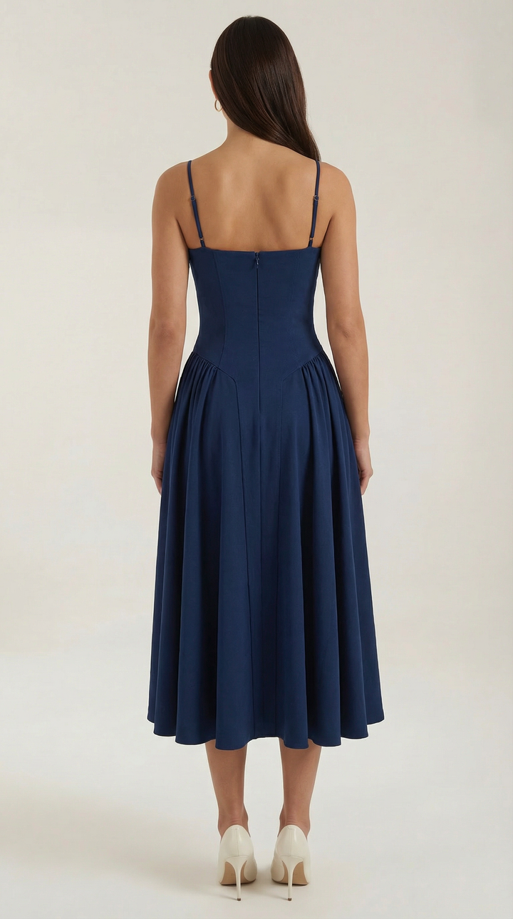 Women's elegant floral midi dress, corset top & sweetheart neck, embodying sophisticated spring style.