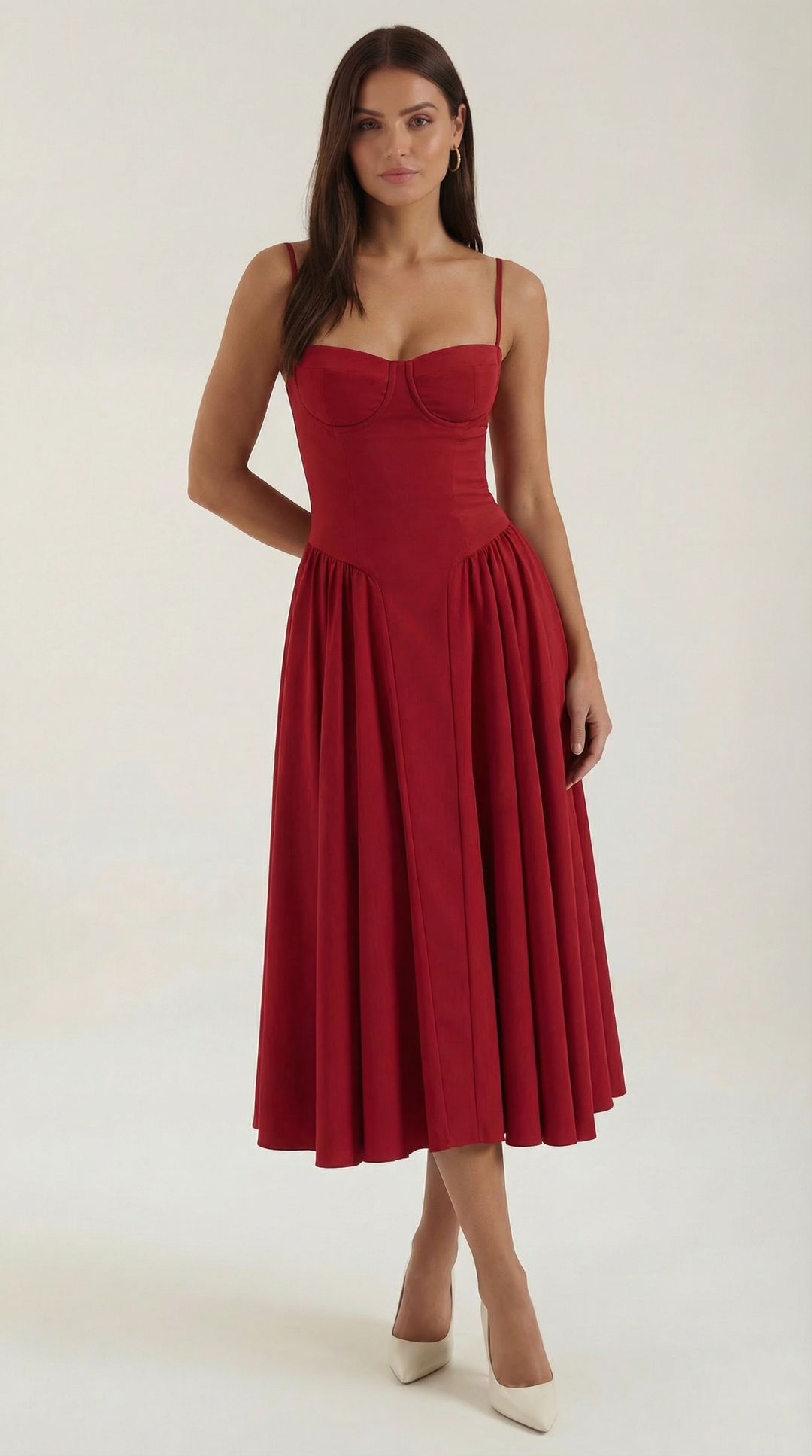 Women's vibrant floral midi dress, corset fit, sweetheart neck, a stunning summer occasion piece.
