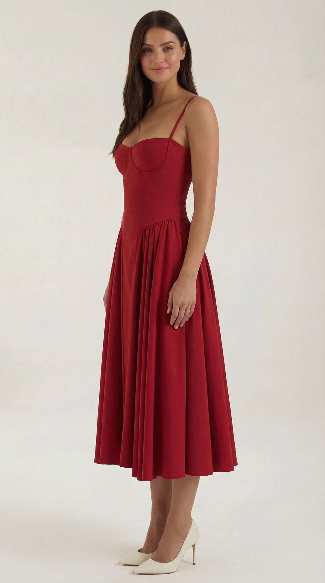 Elegant women's floral corset midi dress for formal or casual spring & summer events.