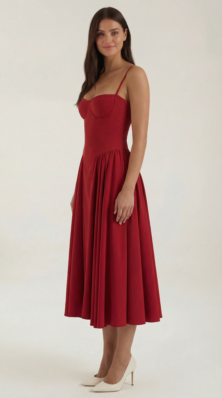 Elegant women's floral corset midi dress for formal or casual spring & summer events.