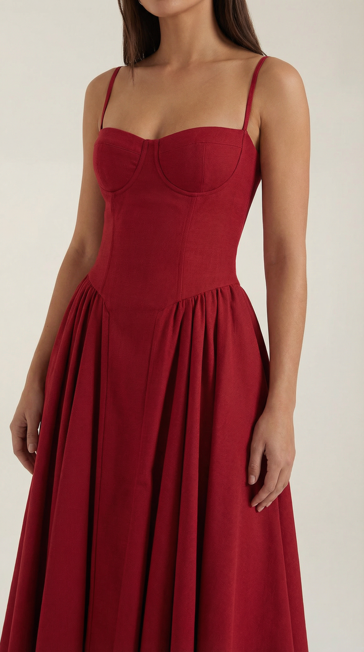 Sweetheart neck women's floral midi dress, corset details, perfect for elegant gatherings.