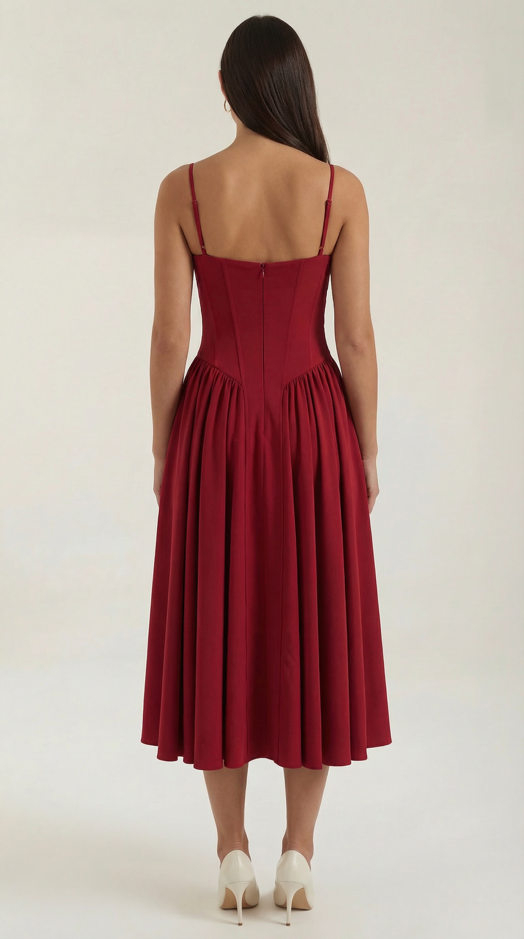 Women's fashionable floral midi dress with a structured corset and romantic sweetheart neckline.