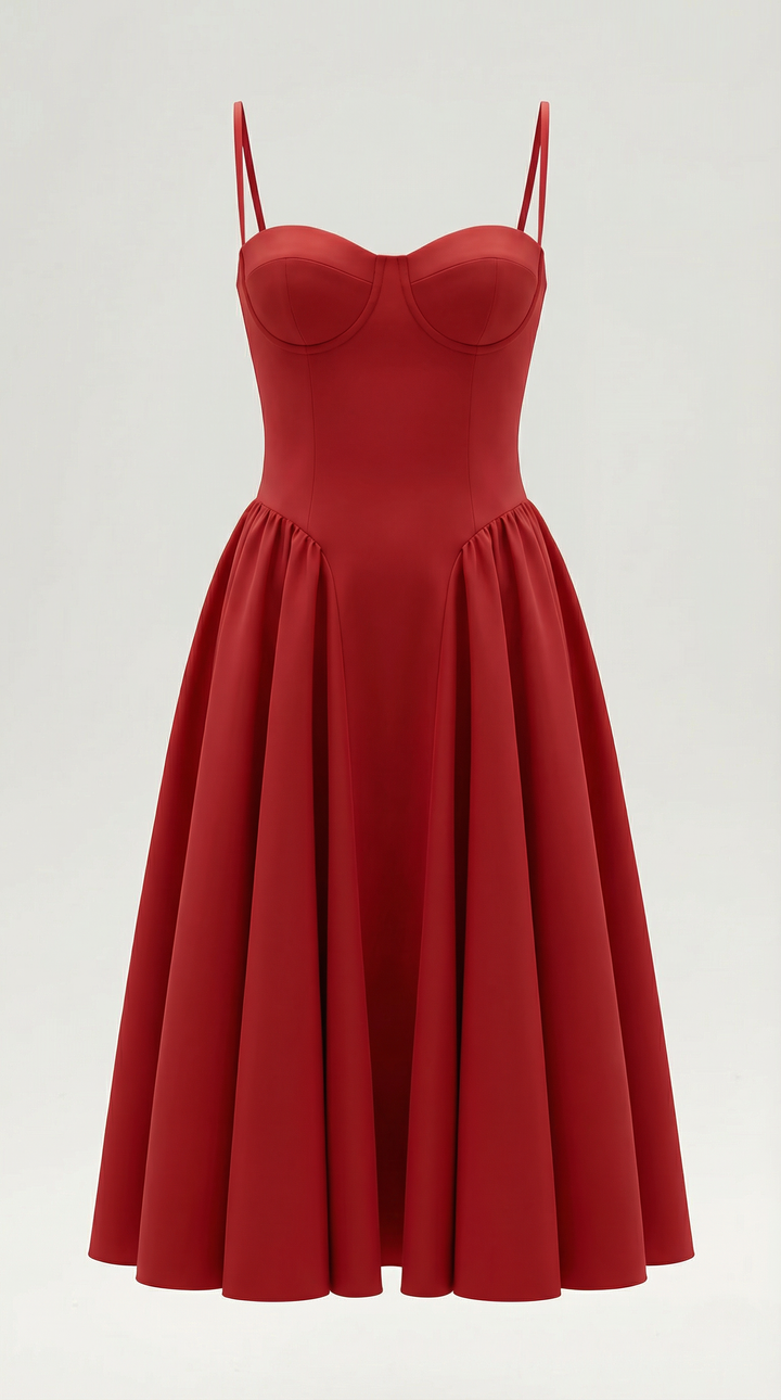 Flowing floral midi dress for women, with an elegant corset top and sweetheart neckline.