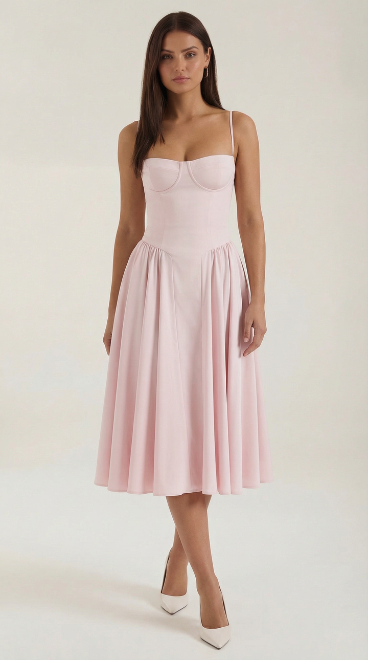 Women's elegant summer dress: a floral print corset midi with a flattering sweetheart neck.