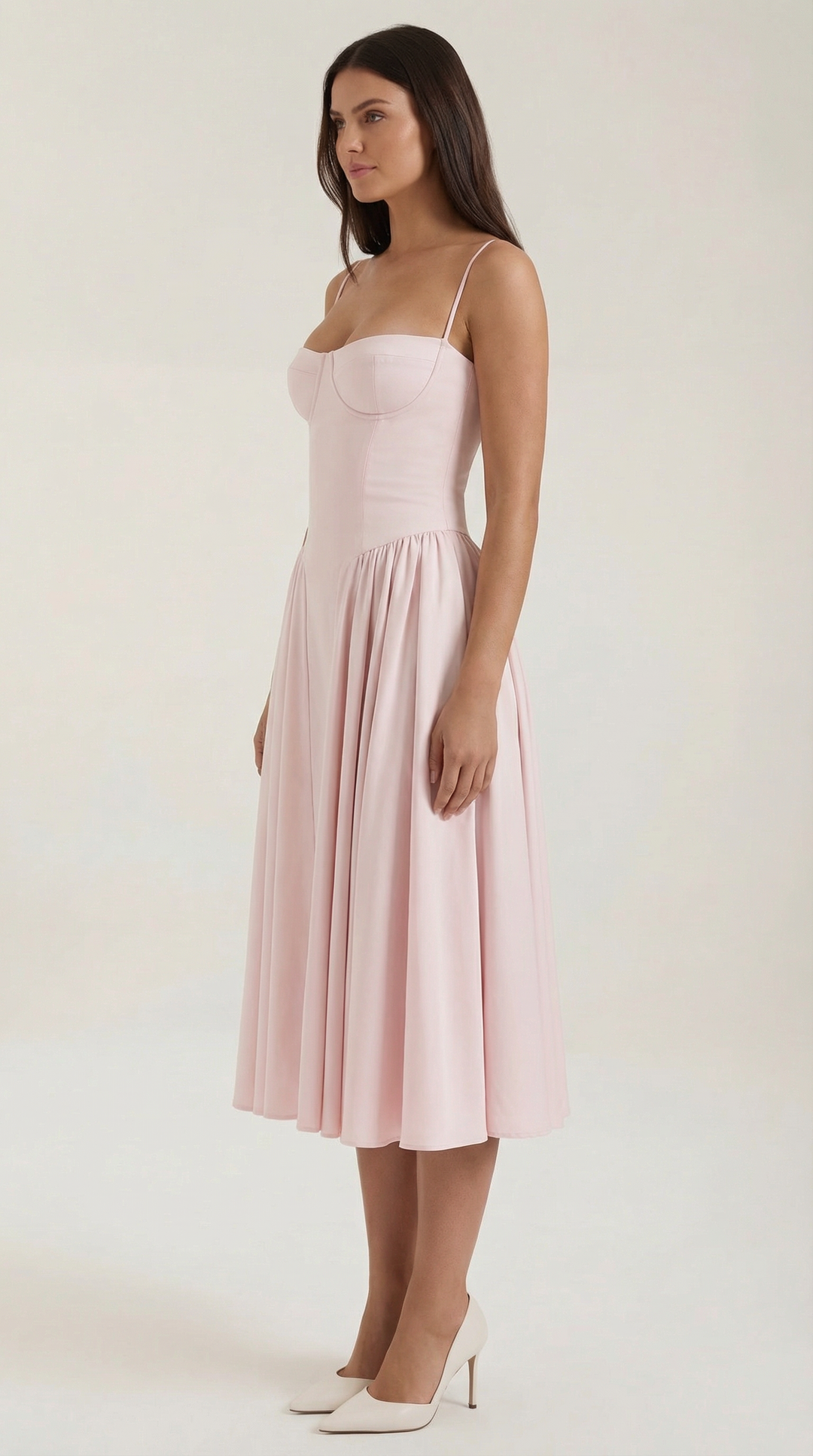 Stylish women's floral corset midi dress, perfect for spring fashion and summer occasions.