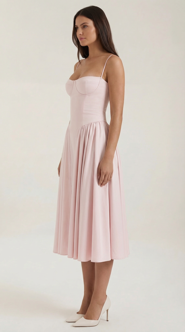 Stylish women's floral corset midi dress, perfect for spring fashion and summer occasions.