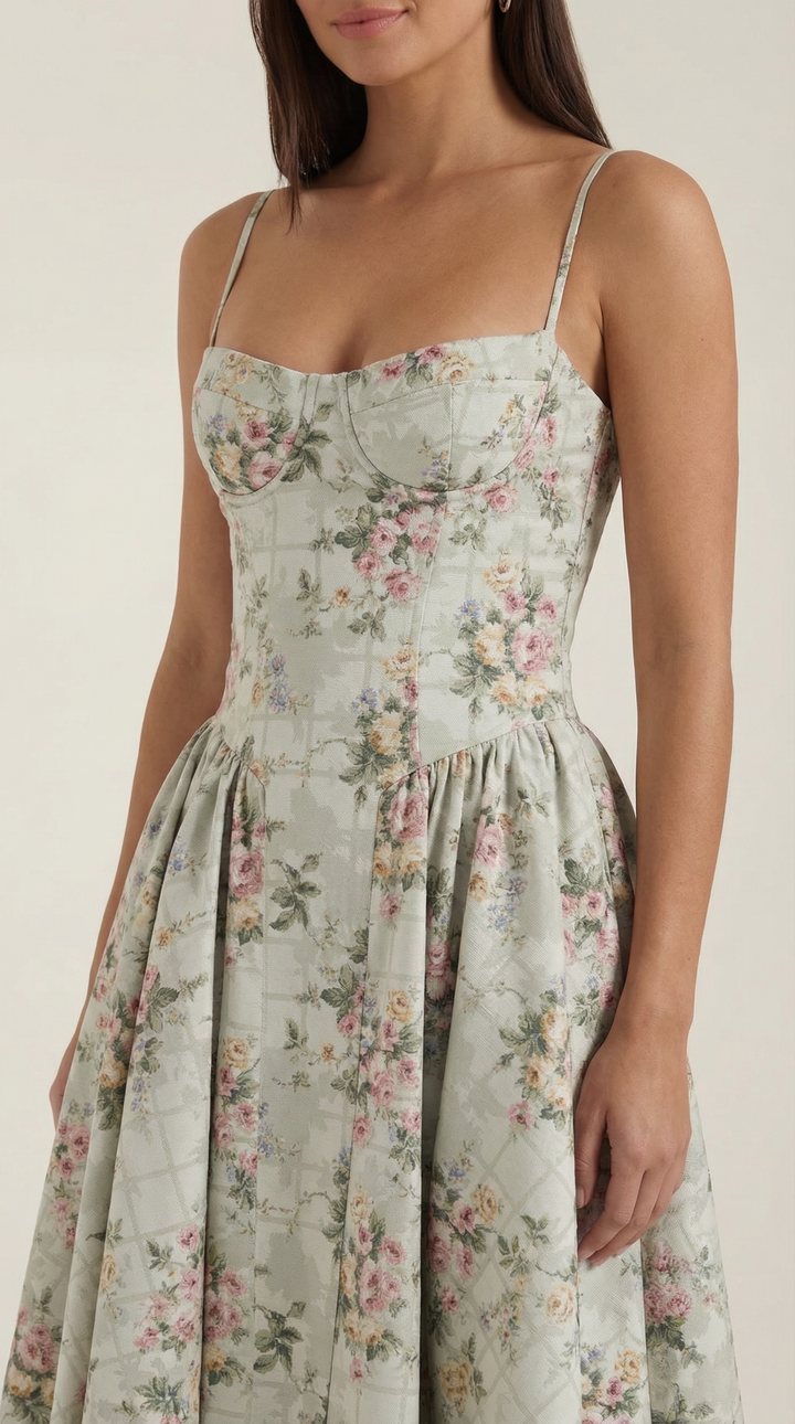 Sweetheart neckline floral corset midi dress, an elegant summer occasion dress for women.