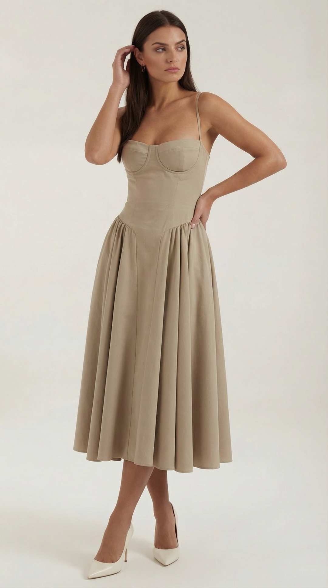 Pretty women's floral midi dress with corset accents and a flattering sweetheart neckline.