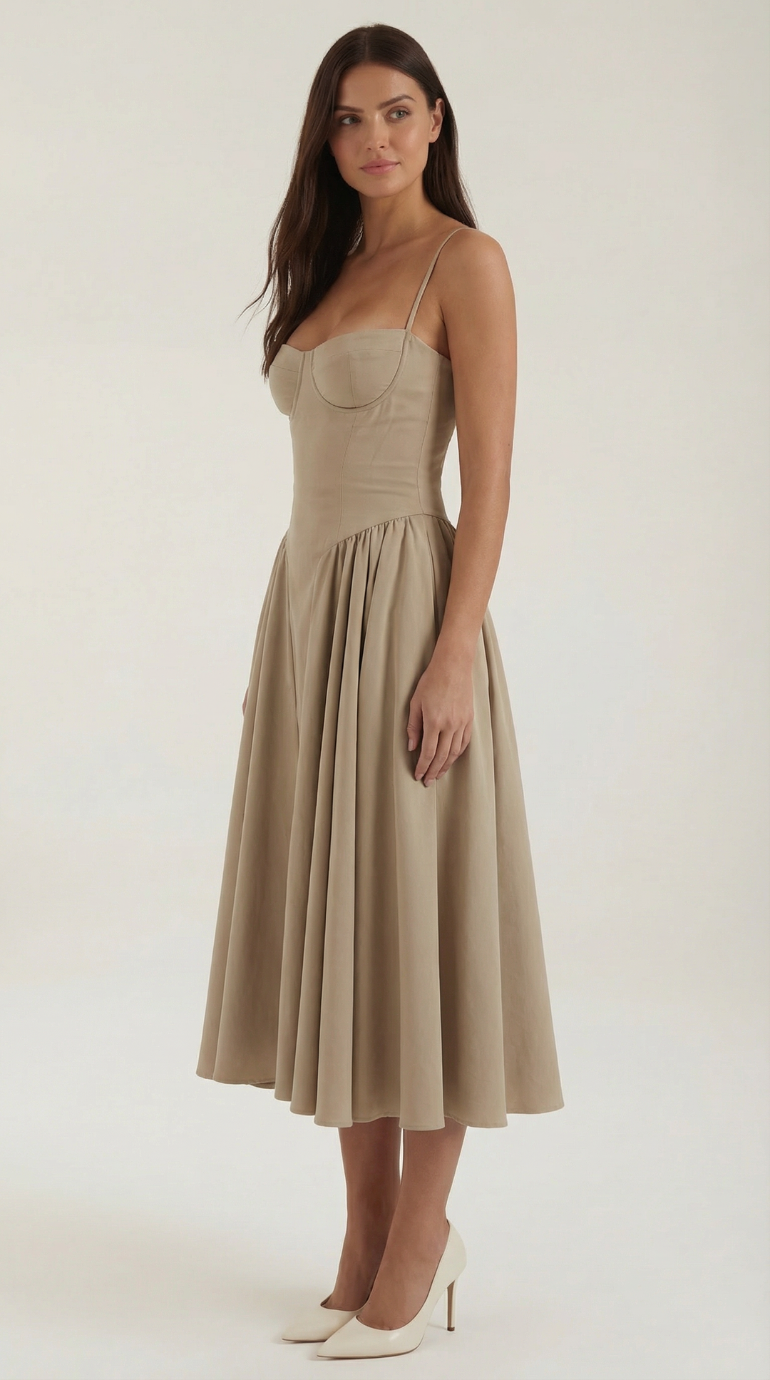 Women's spring fashion floral midi dress, elegant corset top, and sweetheart neckline.