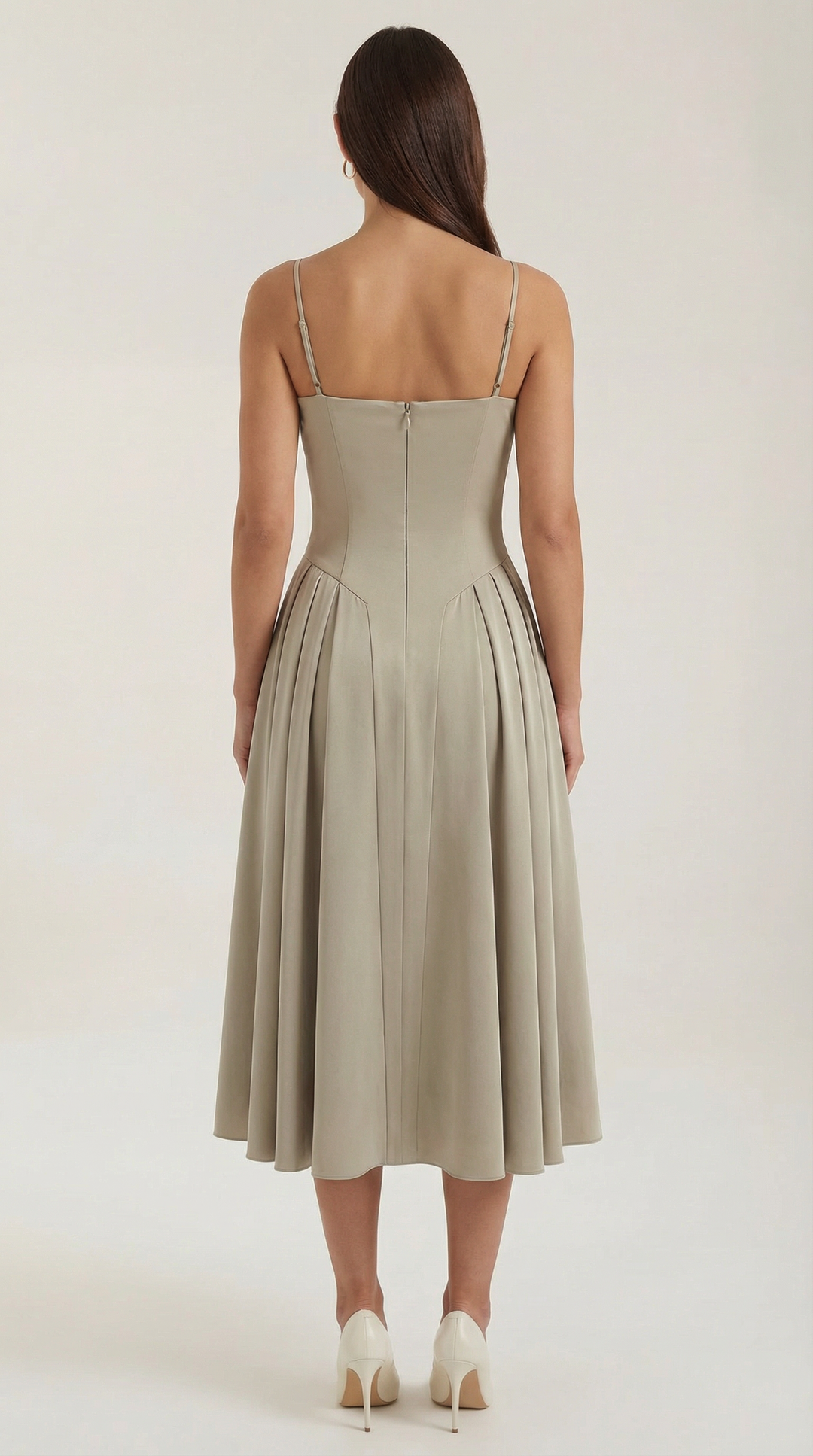Sophisticated women's floral midi dress, corset fit, sweetheart neckline, for elegant events.