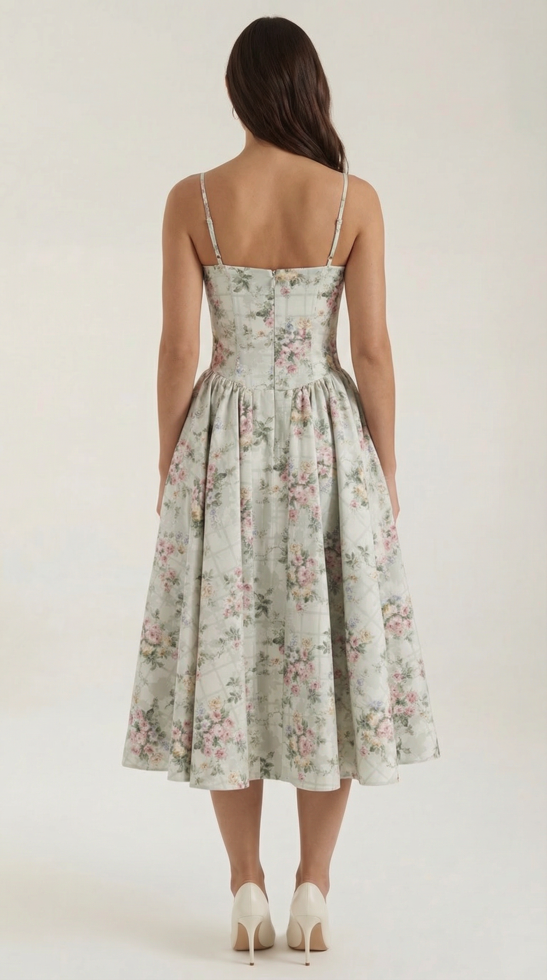 Spring fashion: women's elegant floral corset midi dress with a flattering sweetheart neck.