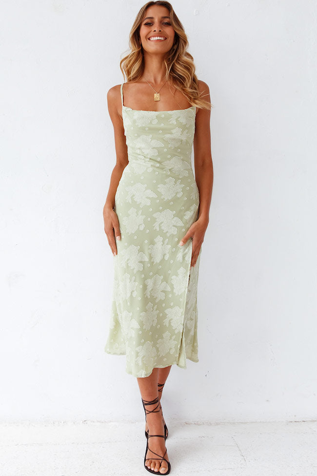 Elegant women's floral cowl neck slip midi dress with a high slit, perfect for evening parties.
