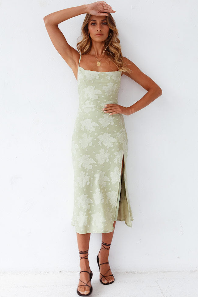 Sage green floral cowl neck slip midi dress with a seductive high slit. Chic women's evening wear.