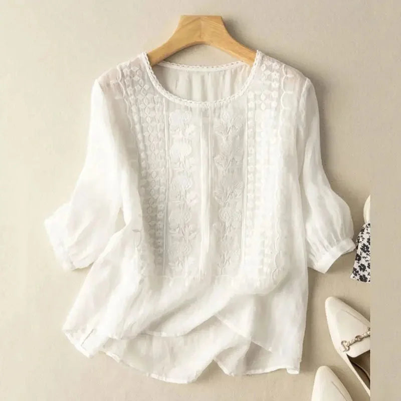 Elegant women's floral embroidered blouse with puff sleeves & relaxed fit, perfect for spring casual chic style.