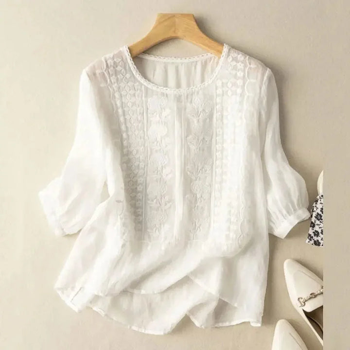 Elegant women's floral embroidered blouse with puff sleeves & relaxed fit, perfect for spring casual chic style.