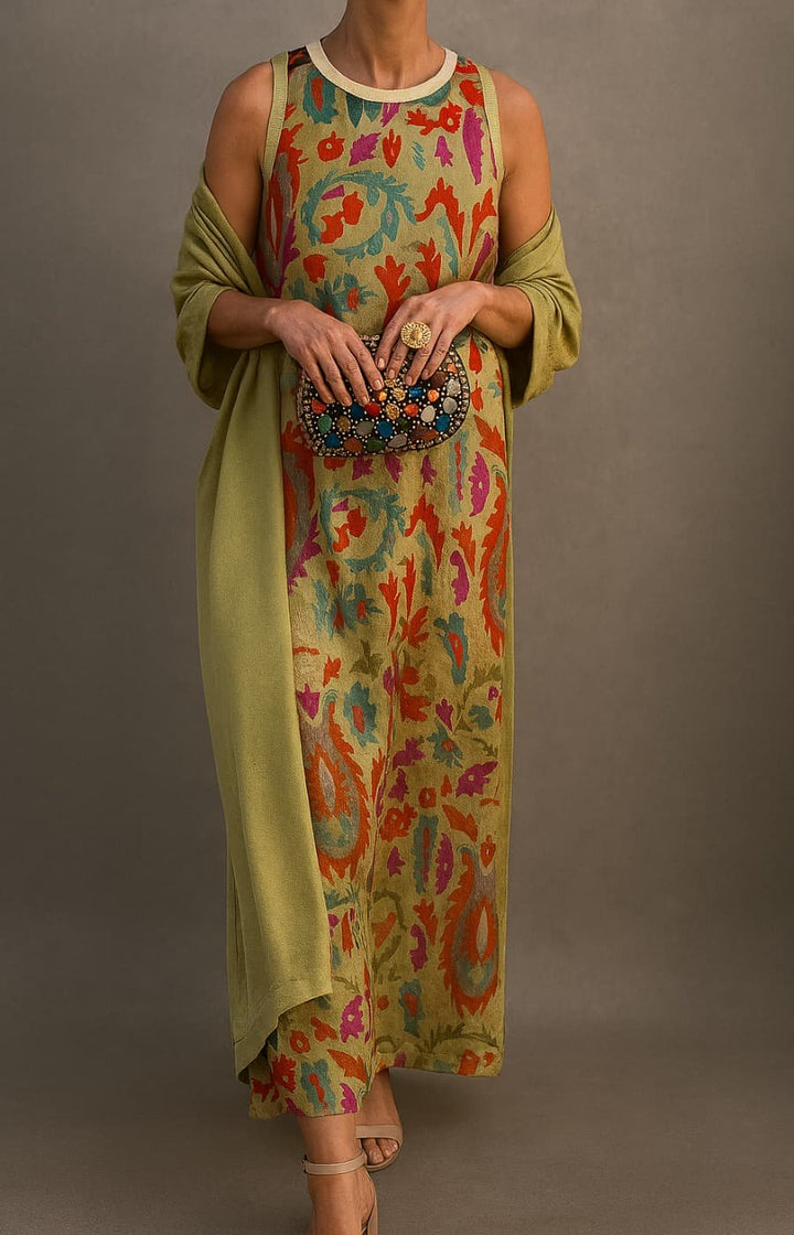 Elegant women's floral embroidered maxi dress and matching coat set, perfect for special occasions.