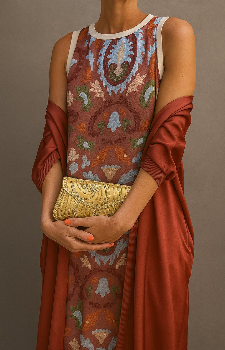 Women's two-piece floral embroidered maxi dress & long coat set in green, brown, khaki or gray, formal wear.