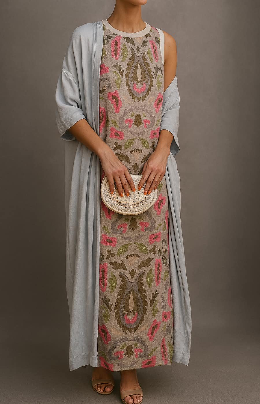 Sophisticated women's sleeveless maxi dress with delicate floral embroidery, paired with a stylish matching coat.
