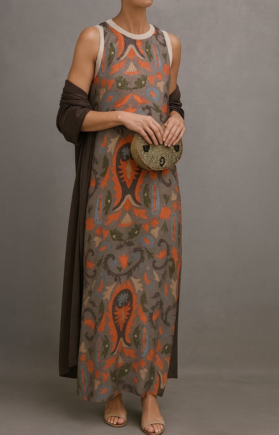 Chic women's embroidered maxi dress & coat set featuring intricate floral details for an elegant special occasion outfit.