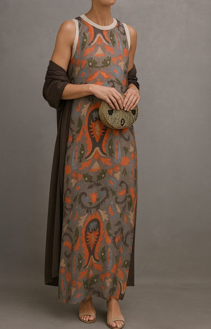 Chic women's embroidered maxi dress & coat set featuring intricate floral details for an elegant special occasion outfit.
