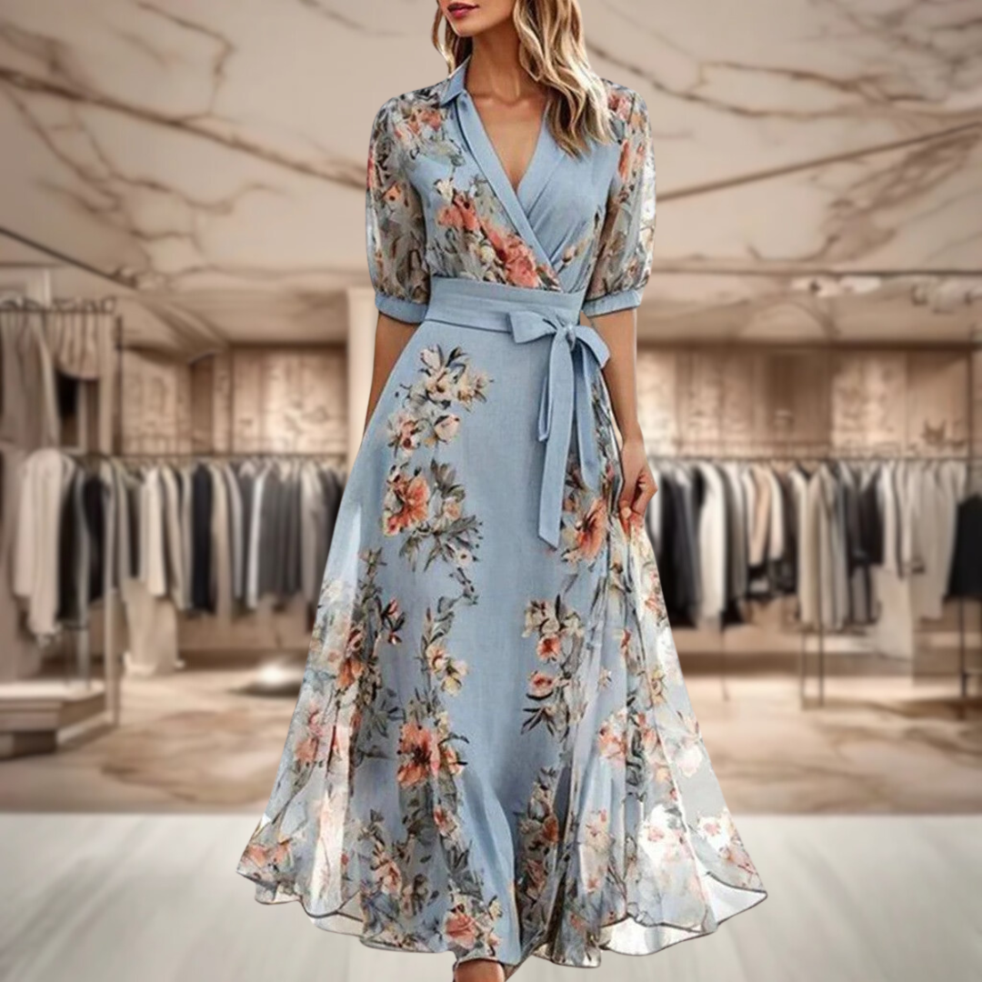 Beautiful women's floral maxi dress with flowing silhouette, ideal for summer parties and elegant events.