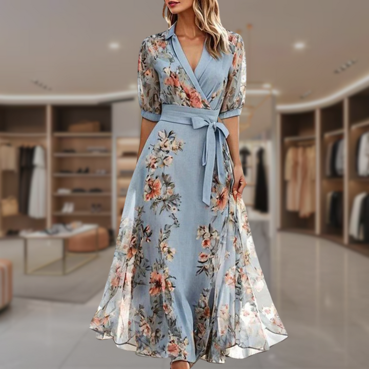 Stylish blue floral flowing maxi dress for women, a comfortable choice for elegant gatherings.