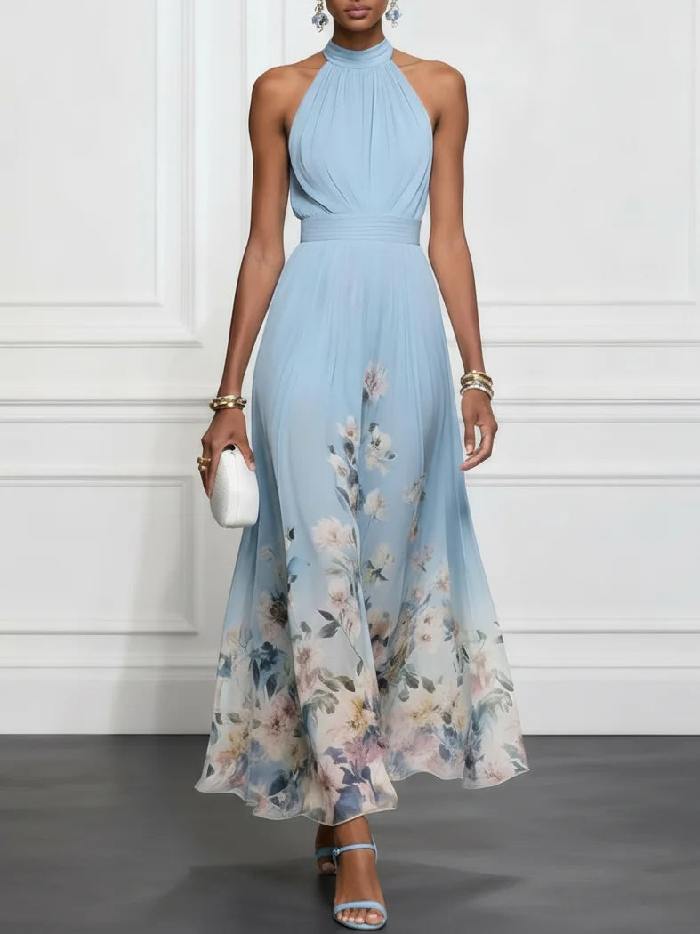 Elegant women's floral halter neck A-line maxi dress, perfect for summer parties & special occasions.