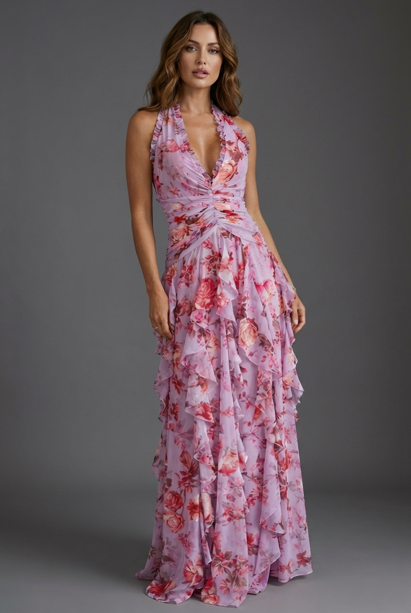 Elegant women's floral halterneck maxi dress, perfect for summer occasions or as a wedding guest.