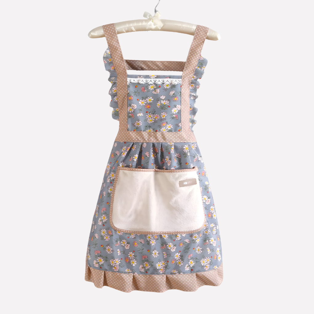 Elegant women's floral kitchen apron with a beautiful flower pattern, perfect for cooking or baking in style.