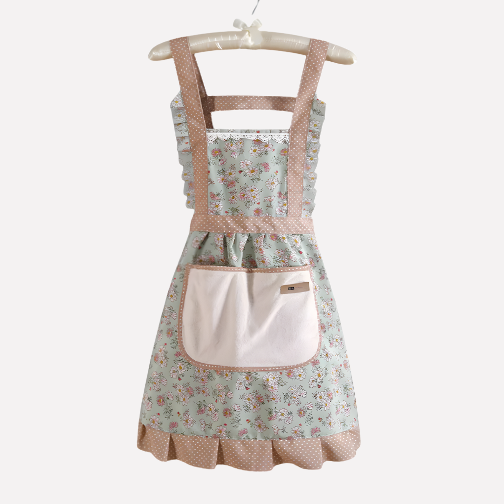 Adjustable women's floral cooking apron, a comfortable & practical home kitchen accessory for baking and everyday use.