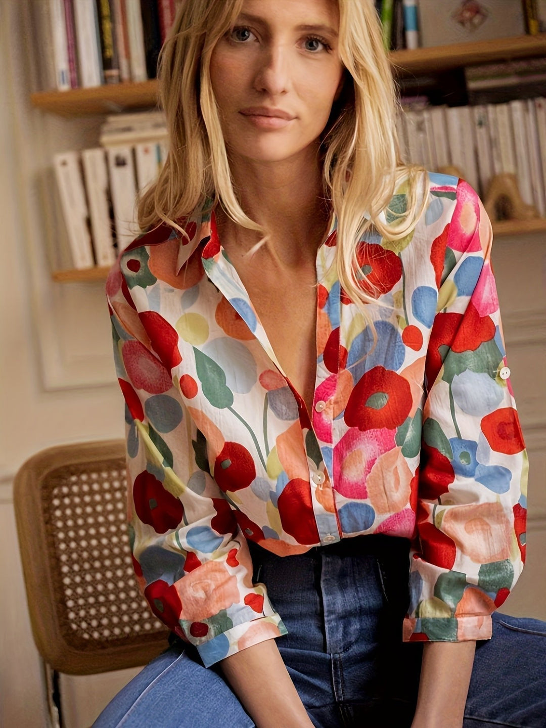 Comfortable women's relaxed fit floral long sleeve button-down top. Elegant print blouse, ideal for versatile spring fashion.