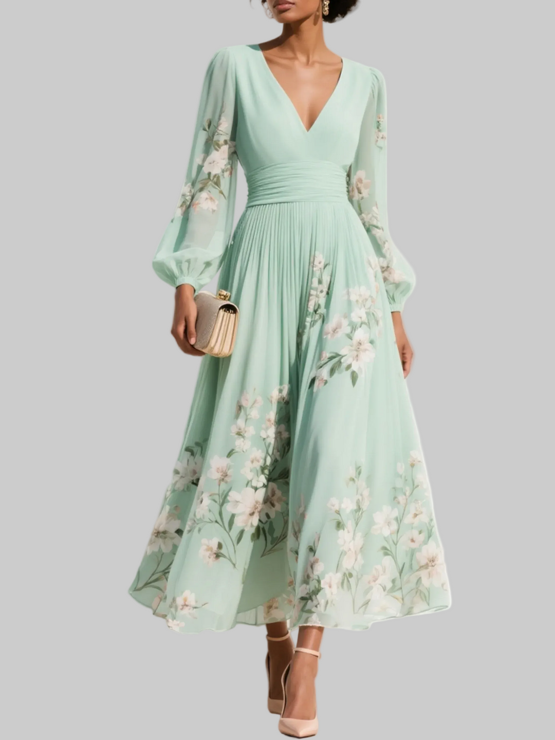 Elegant Women's floral long sleeve V-neck midi dress with pleats, perfect for wedding guests & formal occasions.