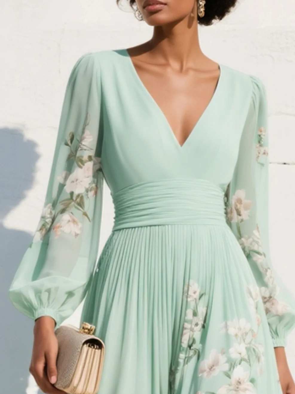 Beautiful women's floral print midi dress, V-neck, long sleeves & pleated skirt, great for parties.