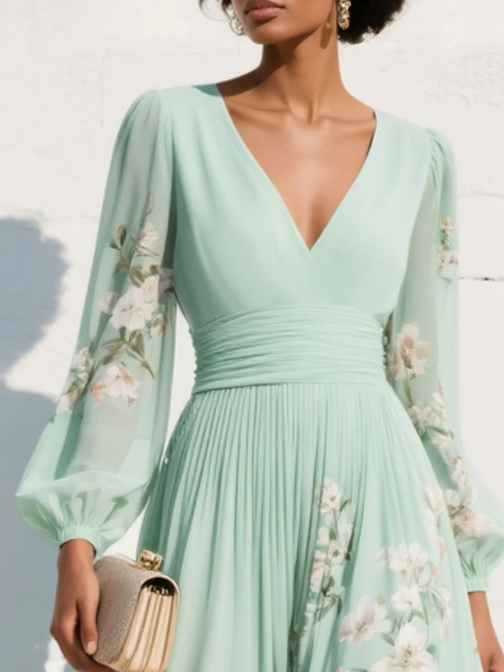 Beautiful women's floral print midi dress, V-neck, long sleeves & pleated skirt, great for parties.