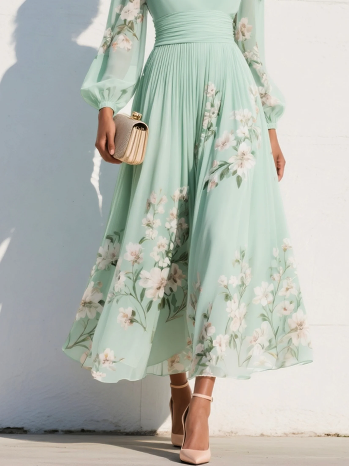 Chic women's long sleeve floral midi dress with a flattering V-neck and elegant pleated design.