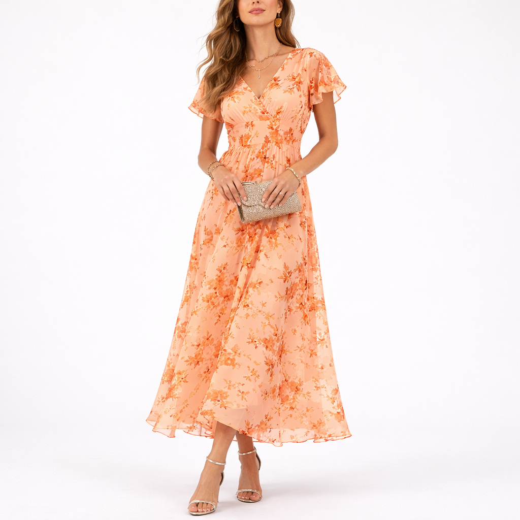 Elegant women's floral maxi dress. Flowy fabric, perfect for summer occasions & spring vacations.