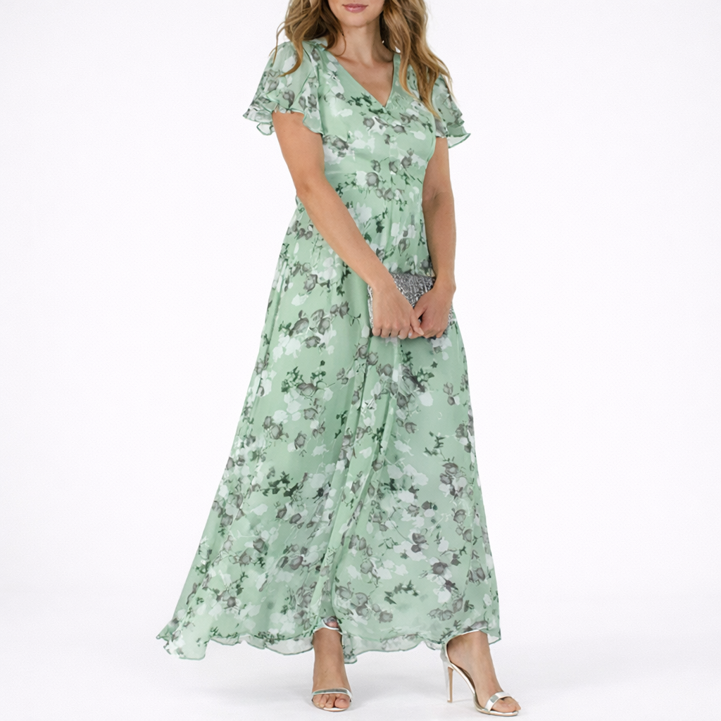 Vibrant floral print women's long dress. Elegant flowy maxi style for comfortable spring & summer fashion.