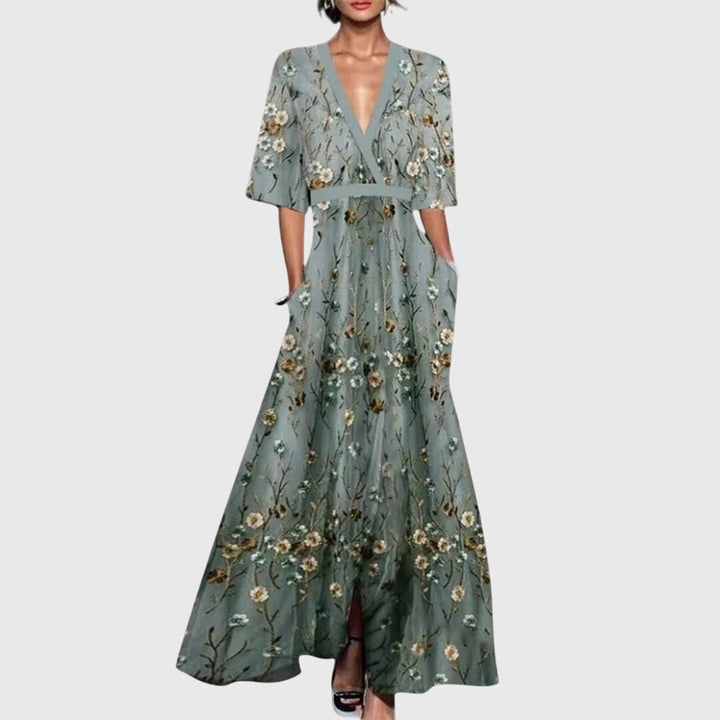 Versatile women's floral print spring maxi dress, elegant for parties or casual summer wear. Red, white, green.