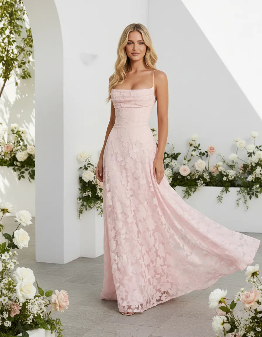 Elegant floral print women's dress, a flowing maxi style ideal for spring weddings, parties & events.