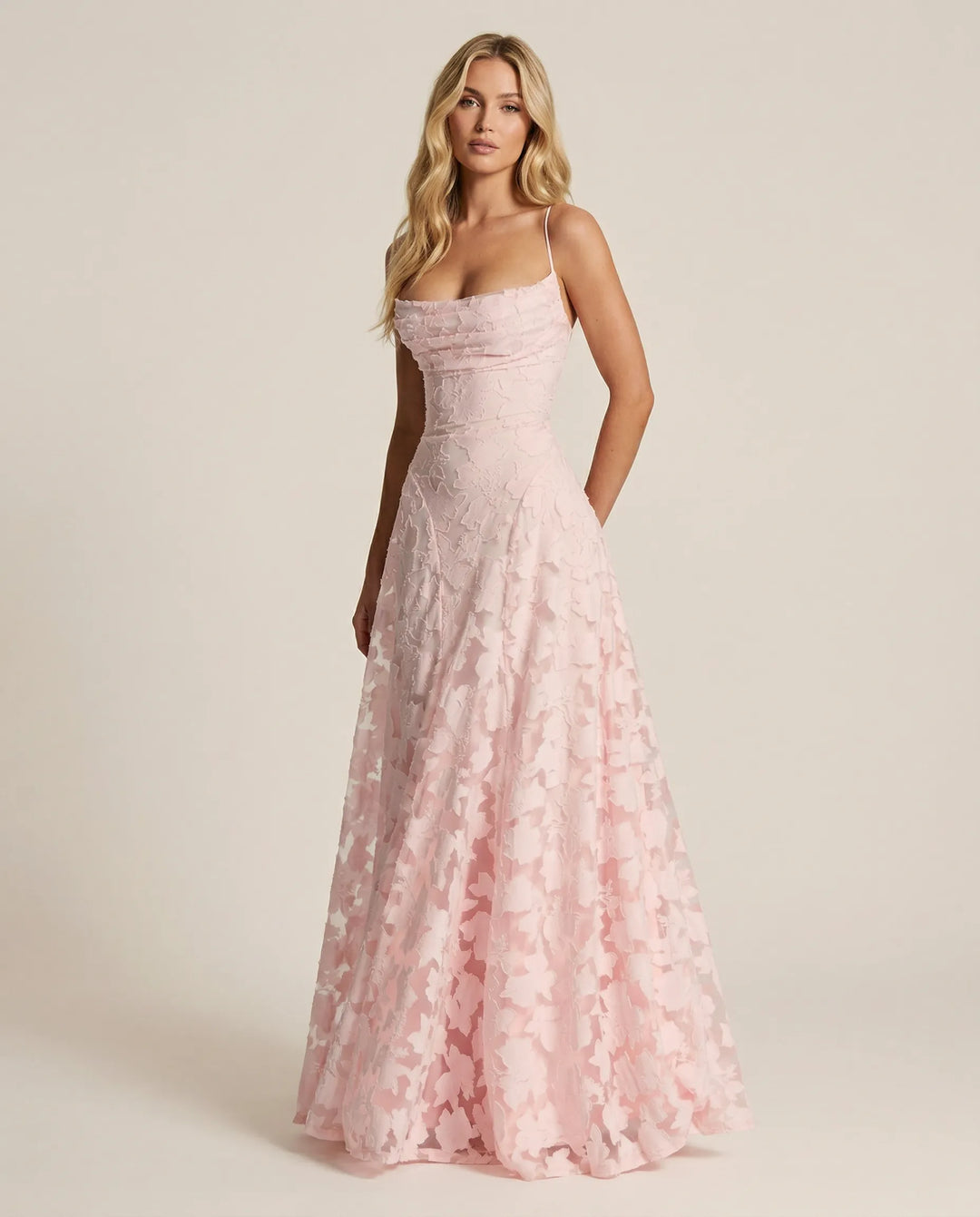 Graceful floral occasion dress for women, featuring a flowing silhouette, ideal for weddings & formal events.
