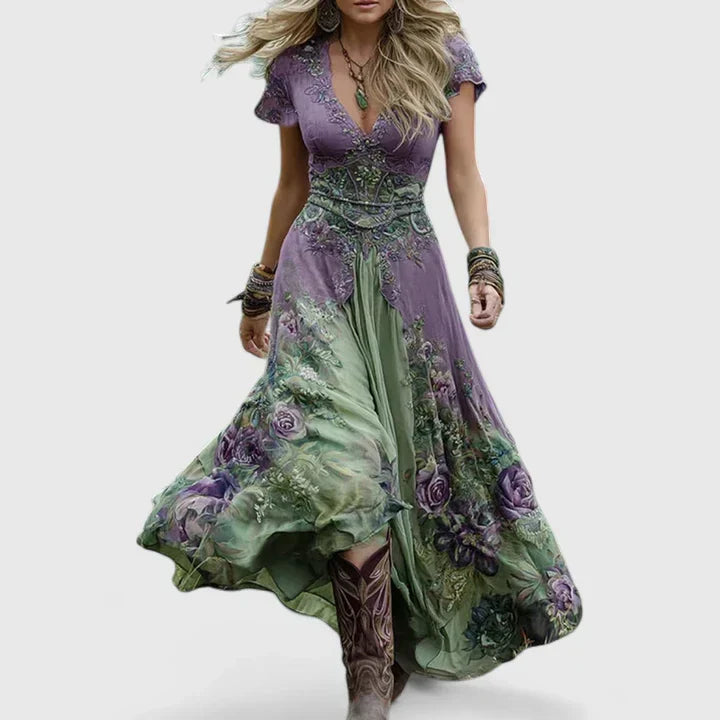 Elegant women's floral maxi dress, perfect for summer, vacation, or casual bohemian style. V-neck, long.