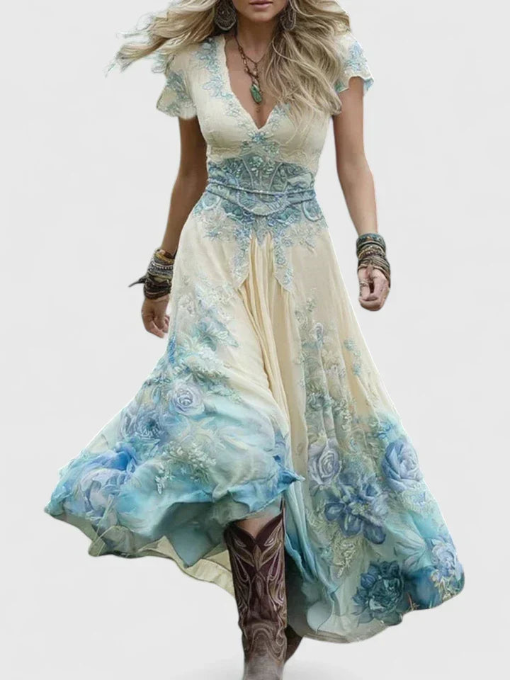 Chic women's floral maxi dress with V-neck, ideal for summer, beach, or elegant casual wear. Long, flowy.