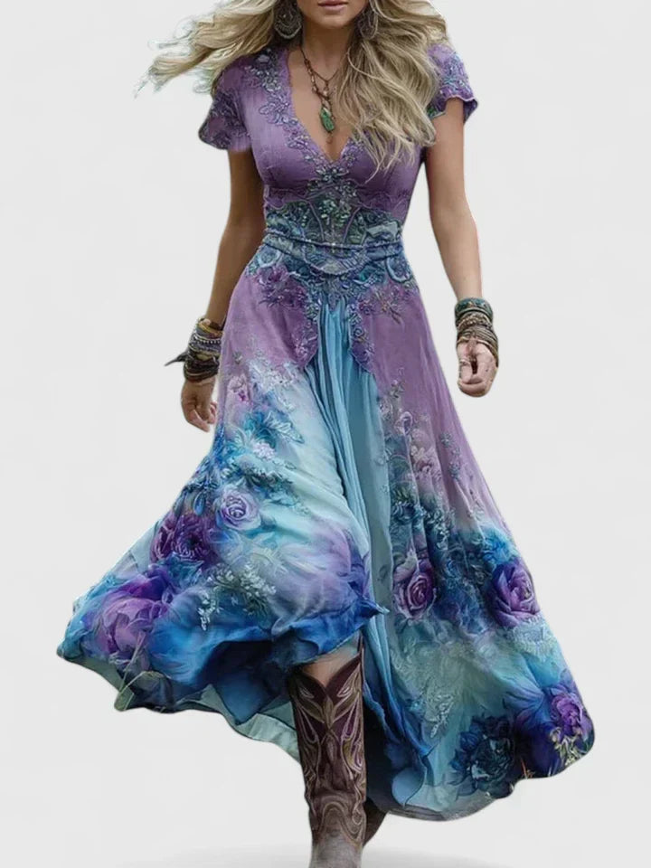 Bohemian floral maxi dress for women, elegant summer style. Perfect for vacations, casual outings. V-neck design.