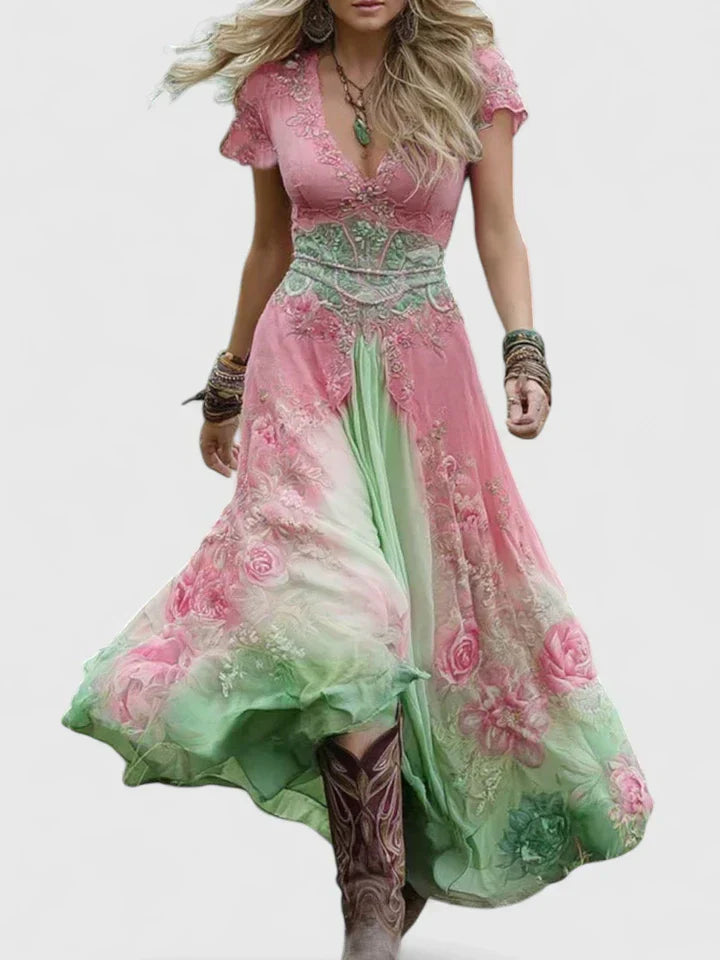 Beautiful women's floral print maxi dress, elegant summer long dress with V-neck for casual or vacation wear.