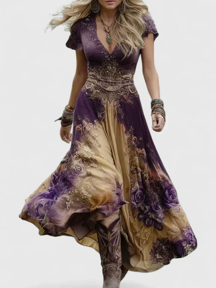 Stunning women's summer floral maxi dress, elegant V-neck style, perfect for casual wear, beach, or vacation.