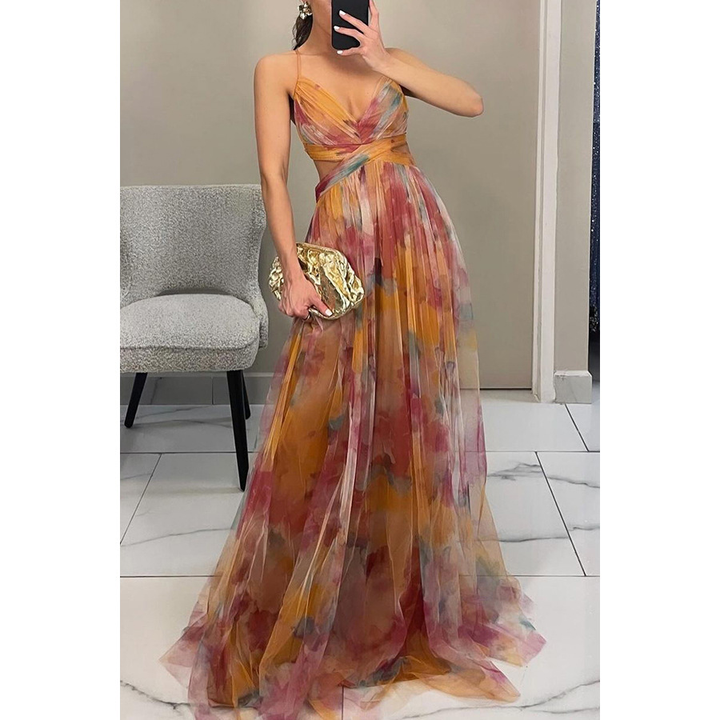 Stunning women's elegant floral print maxi dress, a formal and flattering long gown for special occasion events.
