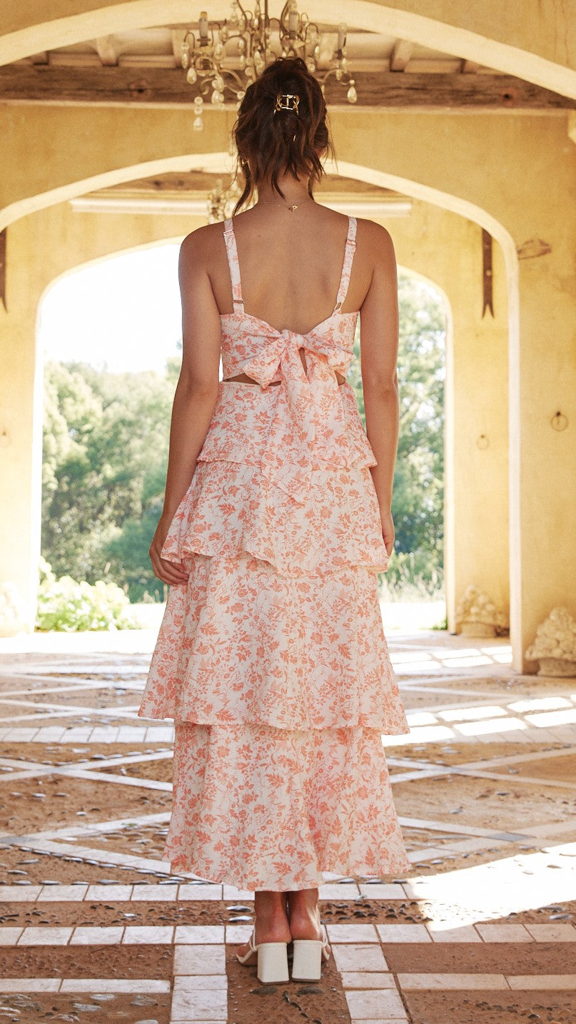 Peach floral long maxi dress for women, ruched & elegant, ideal for romantic summer events.