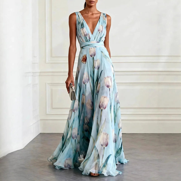 Elegant women's floral maxi dress with deep V-neck, perfect for summer weddings & formal occasions.